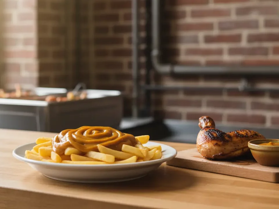 Pommes mit brauner Sauce und Brötchen auf Holzbrett