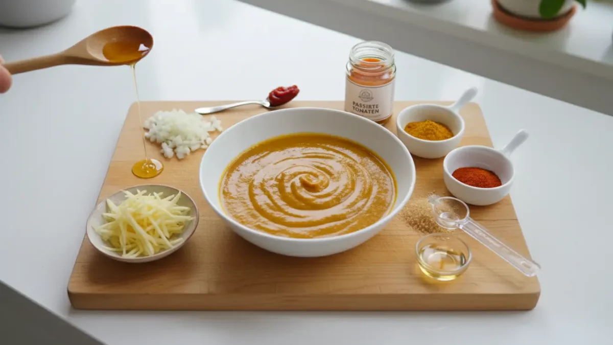 Kürbiscremesuppe in Schüssel auf Holzbrett, Gewürze daneben