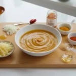 Kürbiscremesuppe in Schüssel auf Holzbrett, Gewürze daneben