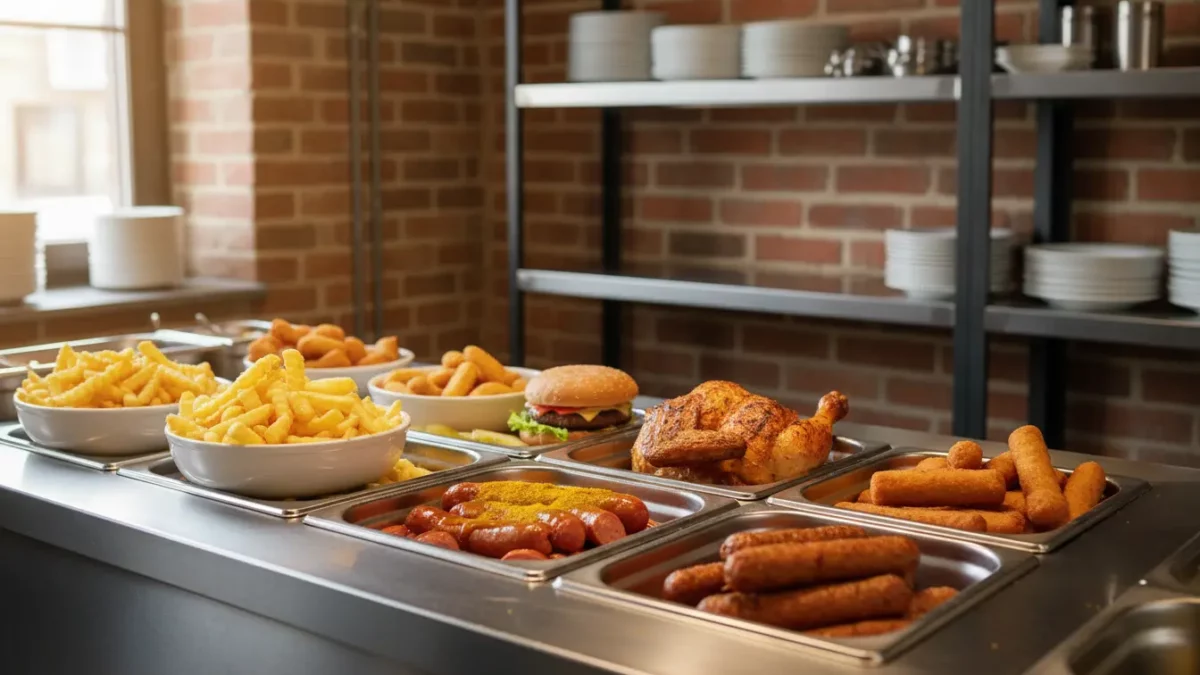 Buffet mit Pommes, Würstchen, Hähnchen und Burger.