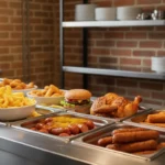 Buffet mit Pommes, Würstchen, Hähnchen und Burger.