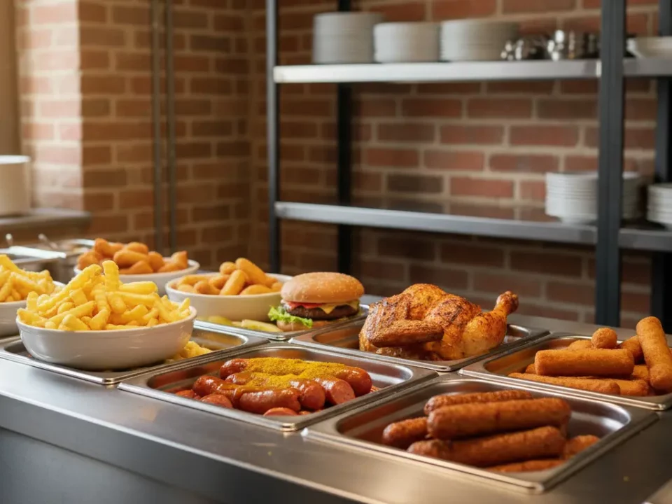 Buffet mit Pommes, Würstchen, Hähnchen und Burger.