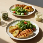 Gegrillte Hähnchenbrust mit Kartoffeln und Salat.