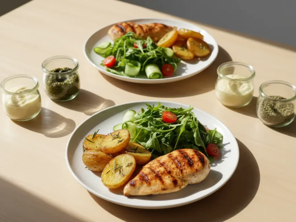 Gegrillte Hähnchenbrust mit Kartoffeln und Salat.
