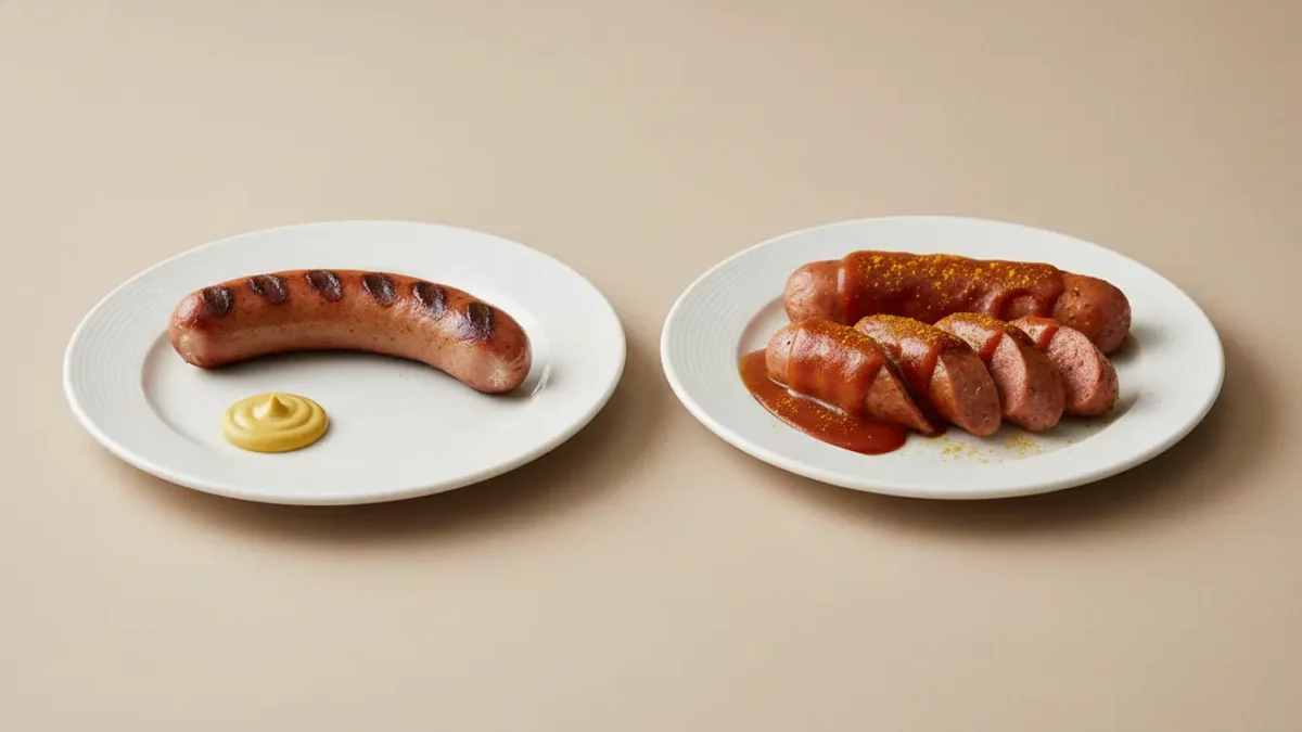 Zwei Teller Würstchen: links gegrillt mit Senf, rechts in Sauce.