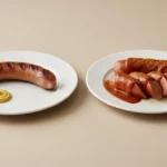 Zwei Teller Würstchen: links gegrillt mit Senf, rechts in Sauce.