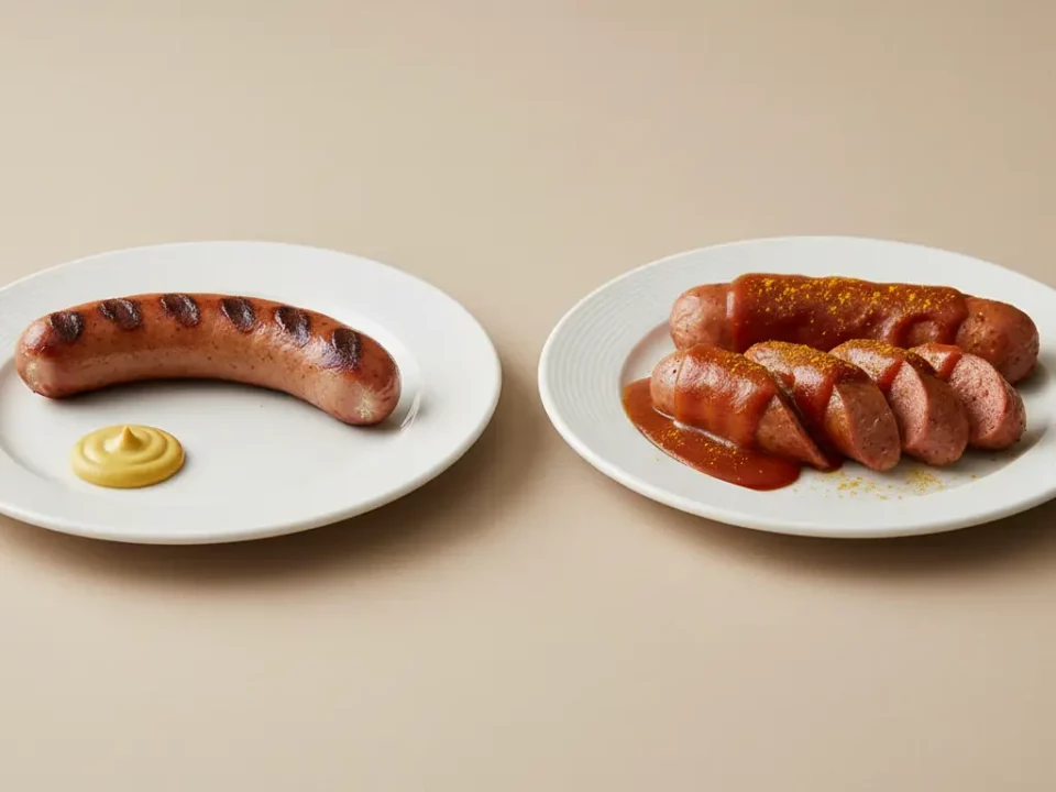 Zwei Teller Würstchen: links gegrillt mit Senf, rechts in Sauce.