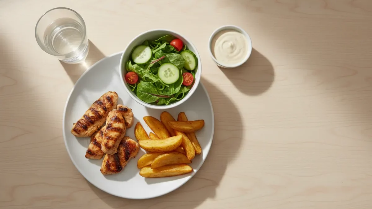 Hähnchenstreifen mit Salat und Kartoffelwedges