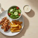 Hähnchenstreifen mit Salat und Kartoffelwedges