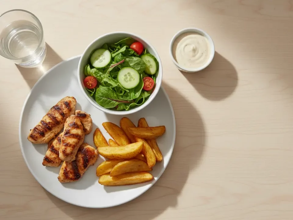 Hähnchenstreifen mit Salat und Kartoffelwedges