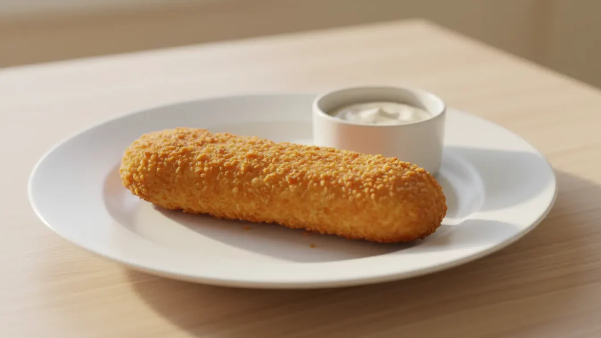Knusprige Krokettenstange mit Dip auf weißem Teller.