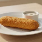 Knusprige Krokettenstange mit Dip auf weißem Teller.