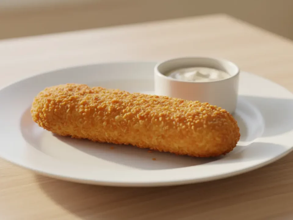 Knusprige Krokettenstange mit Dip auf weißem Teller.