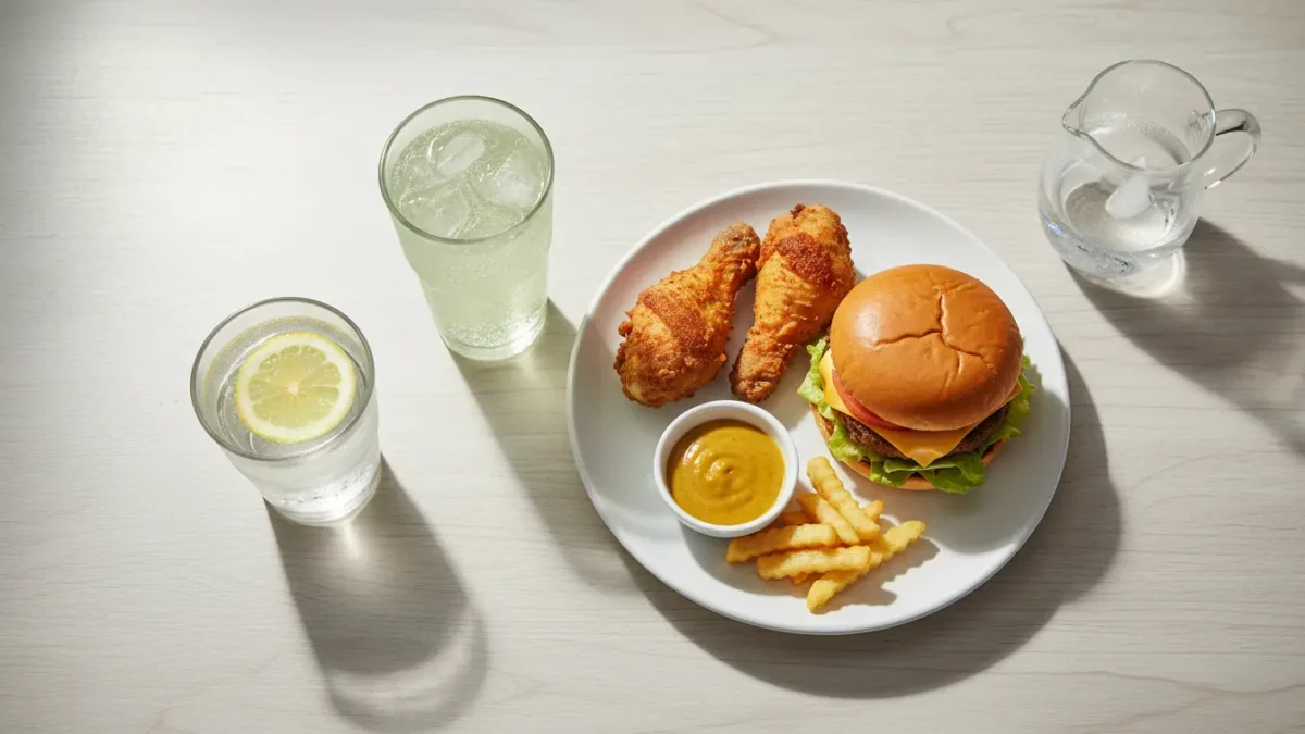 Burger, Hähnchenstreifen, Pommes und Dip mit Getränken.