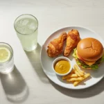 Burger, Hähnchenstreifen, Pommes und Dip mit Getränken.