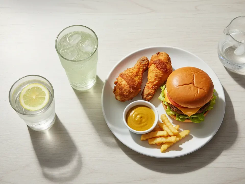 Burger, Hähnchenstreifen, Pommes und Dip mit Getränken.