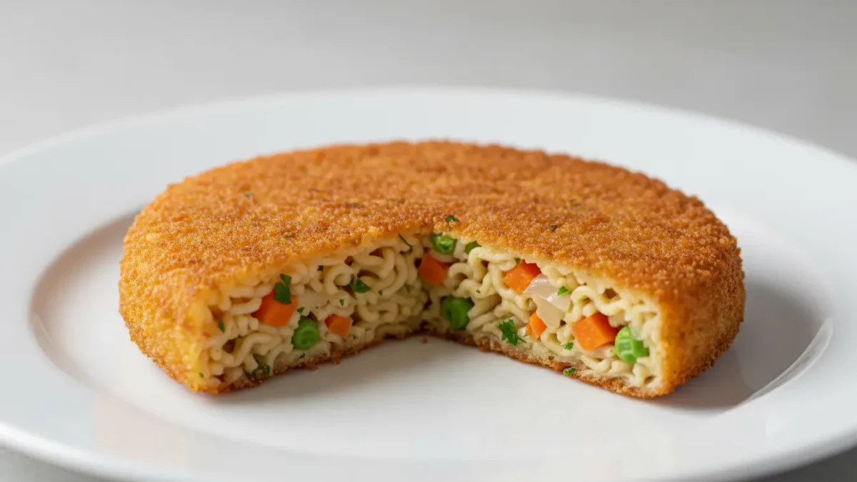 Panierte Nudel-Krokette, gefüllt mit Gemüse und Erbsen