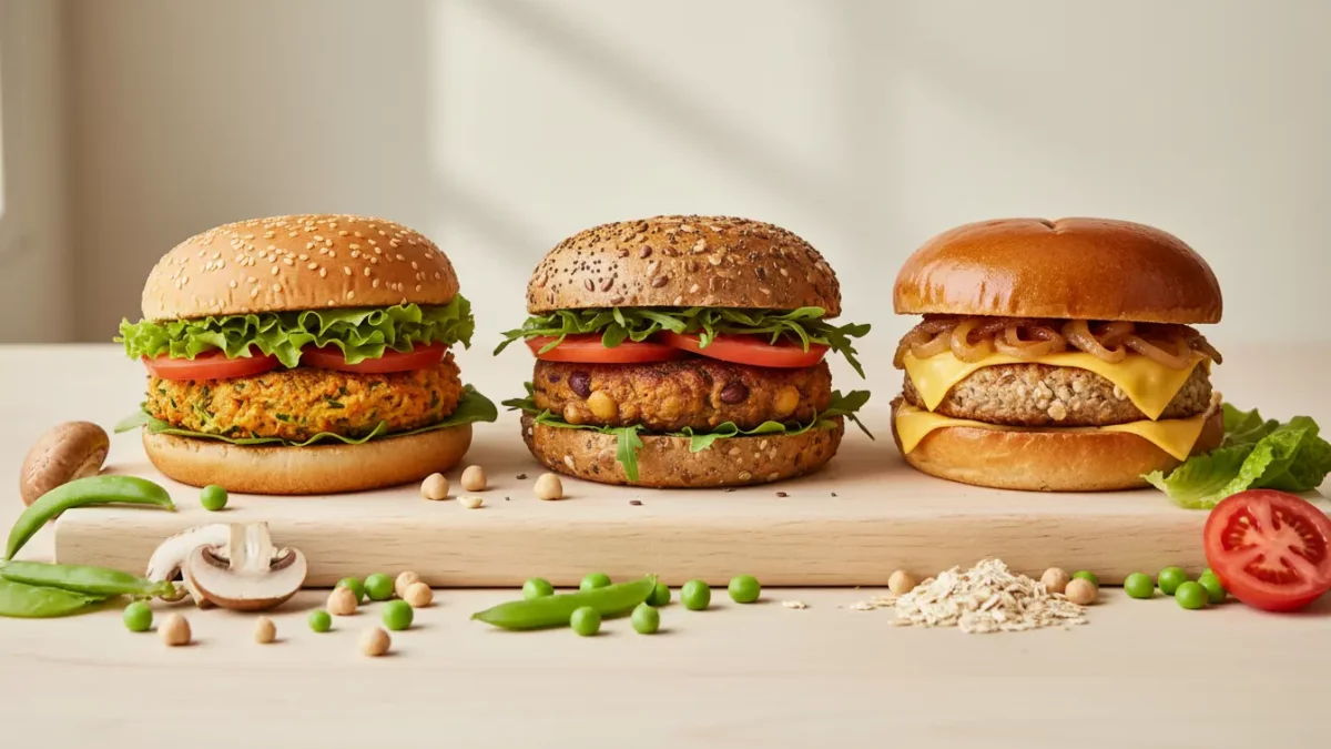 Drei Burger auf Holzbrett mit Gemüse