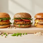 Drei Burger auf Holzbrett mit Gemüse