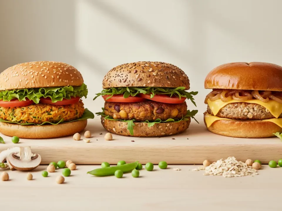 Drei Burger auf Holzbrett mit Gemüse