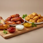 Knusprige Hähnchenteile und Nuggets mit Dips auf Holzbrett