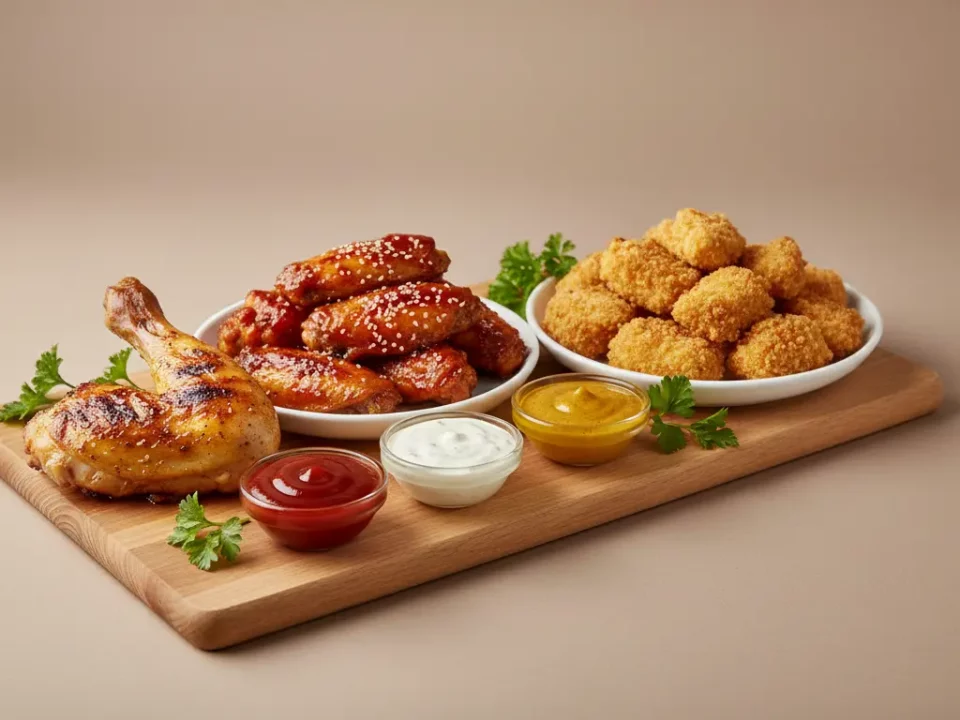 Knusprige Hähnchenteile und Nuggets mit Dips auf Holzbrett
