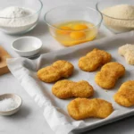 Rohes Hähnchen, Eier, Mehl und Paniermehl auf Backblech
