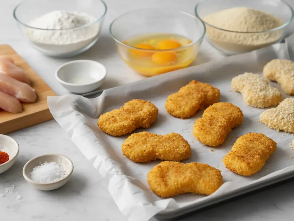 Rohes Hähnchen, Eier, Mehl und Paniermehl auf Backblech