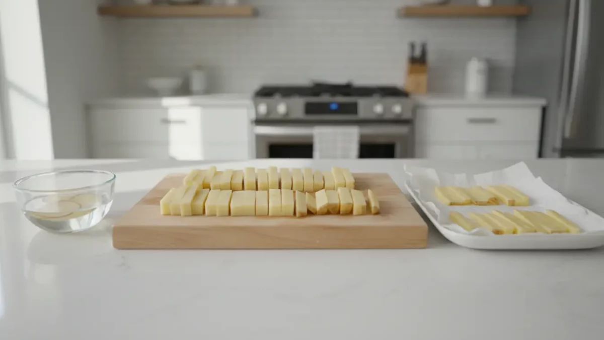 Küche mit Butterwürfeln auf Schneidebrett und Backblech.