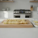 Küche mit Butterwürfeln auf Schneidebrett und Backblech.
