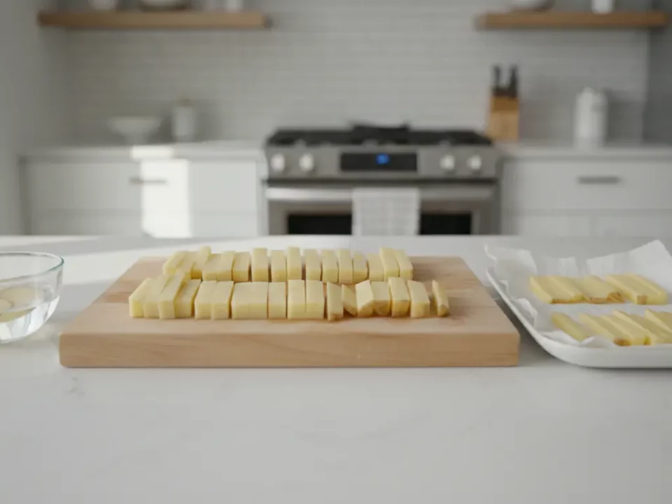 Küche mit Butterwürfeln auf Schneidebrett und Backblech.