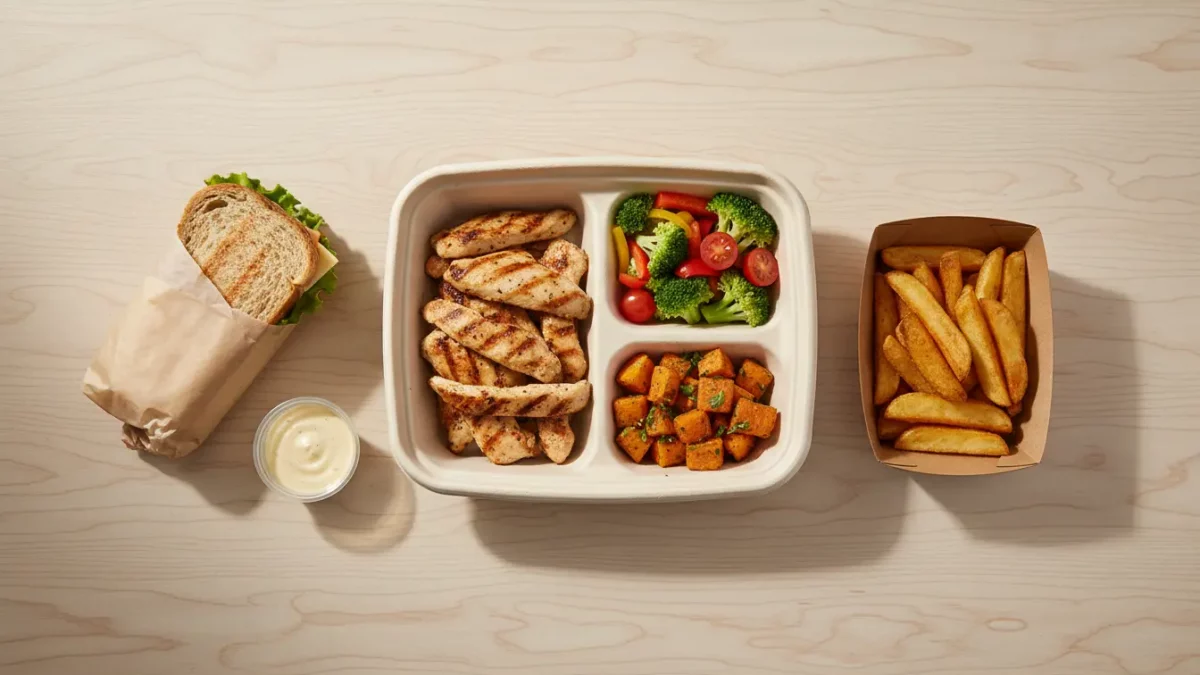 Mittagessen-Box mit gegrilltem Hähnchen, Gemüse und Pommes.