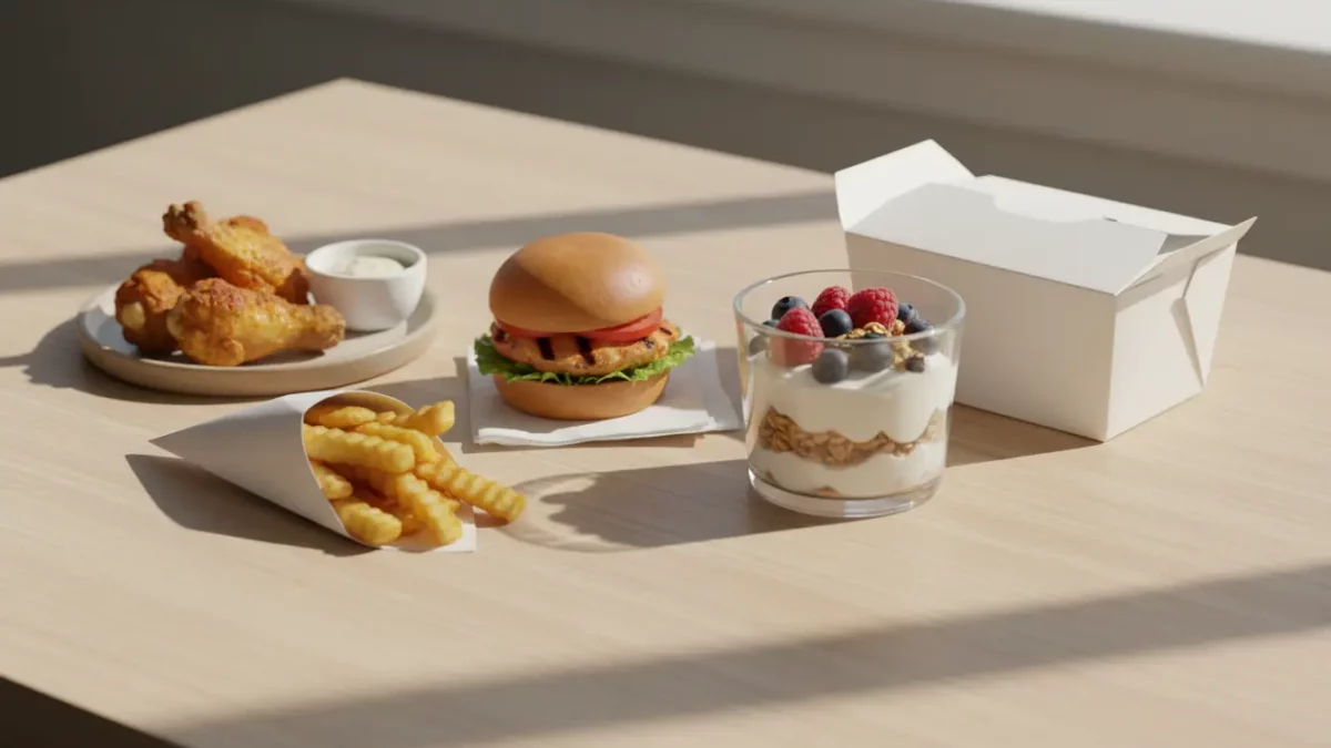 Burger, Pommes, Hähnchen und Beeren-Dessert auf dem Tisch.