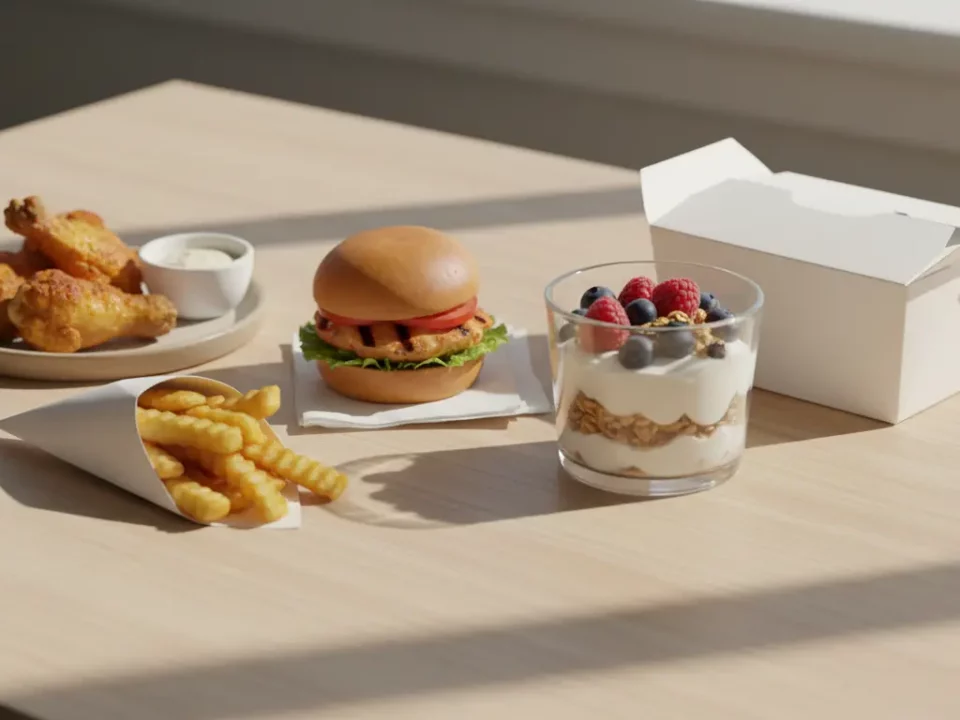 Burger, Pommes, Hähnchen und Beeren-Dessert auf dem Tisch.