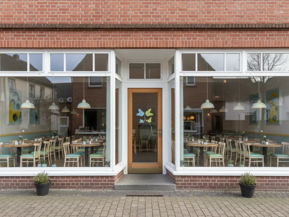 Gemütliches Café in Backsteinfassade mit großen Fenstern.