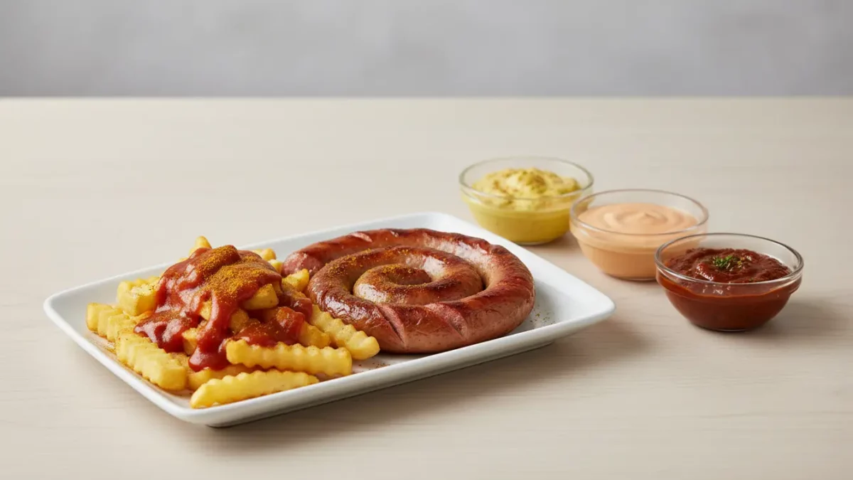 Bratwurst-Spirale mit Pommes und drei Dips