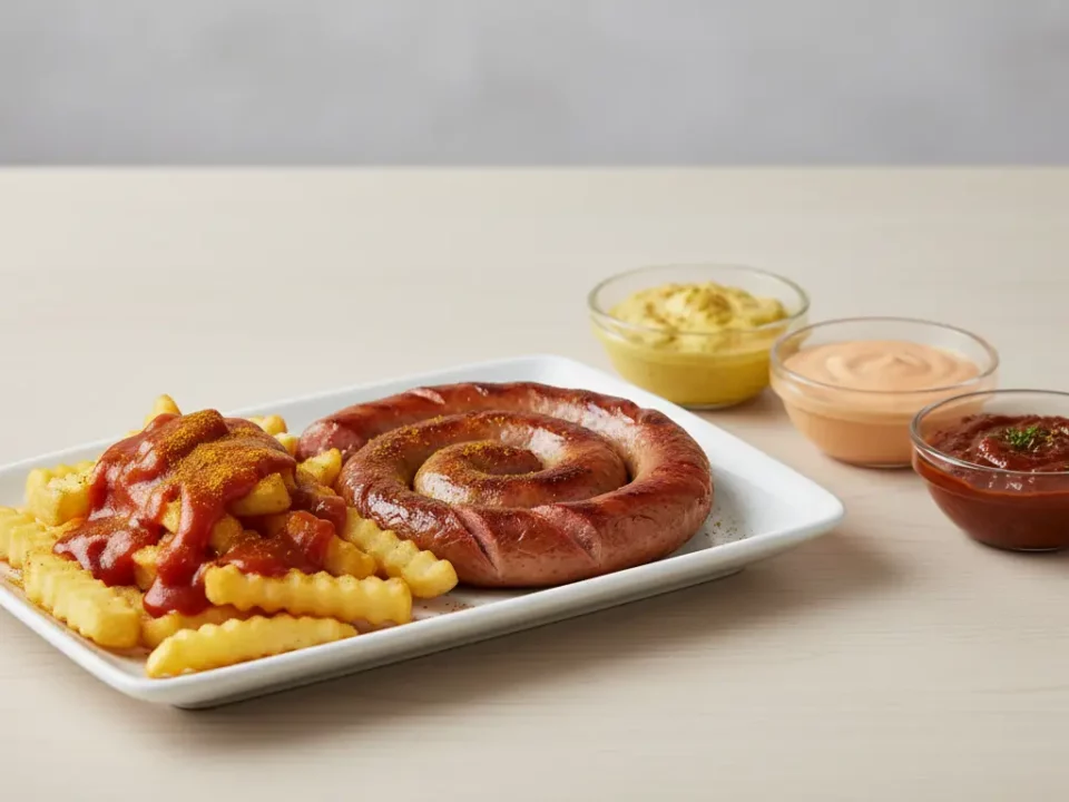 Bratwurst-Spirale mit Pommes und drei Dips