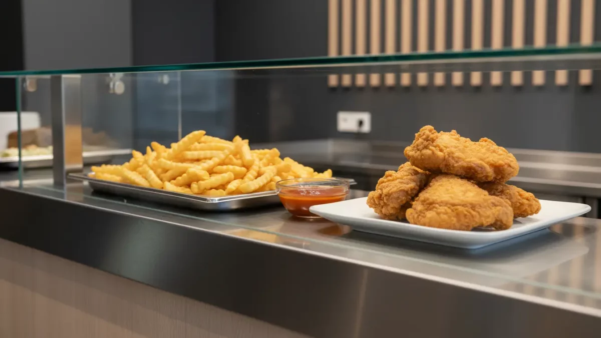 Frittierte Hähnchenstücke und Pommes auf Buffetplatte mit Ketchup.