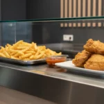 Frittierte Hähnchenstücke und Pommes auf Buffetplatte mit Ketchup.