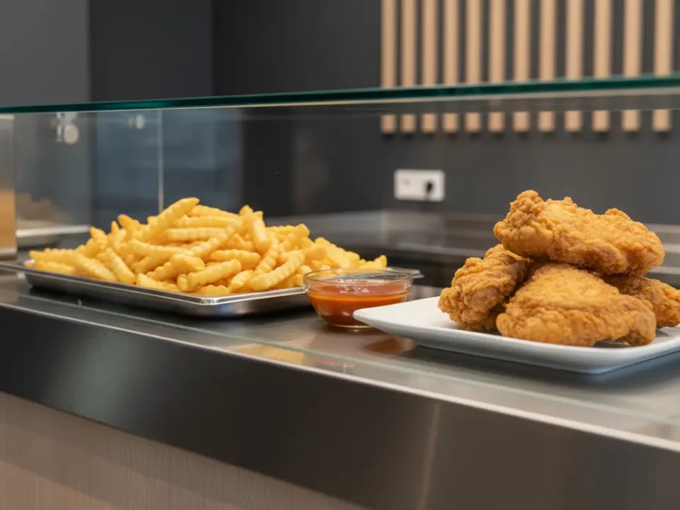 Frittierte Hähnchenstücke und Pommes auf Buffetplatte mit Ketchup.