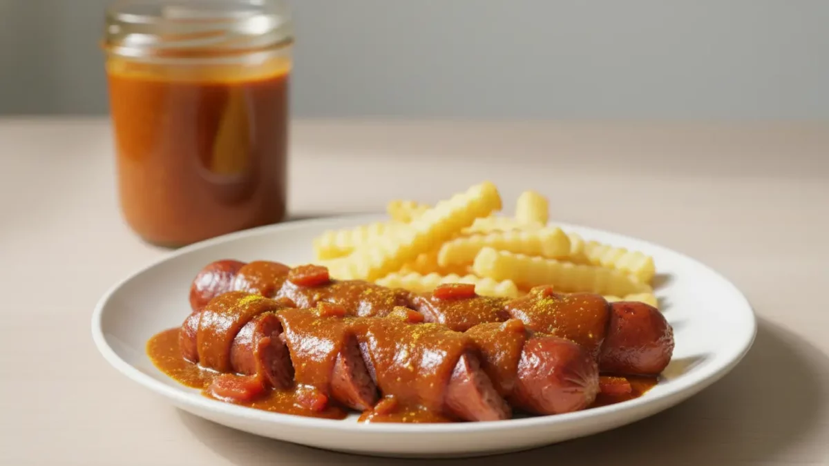 Würstchen in Soße mit Pommes auf Teller