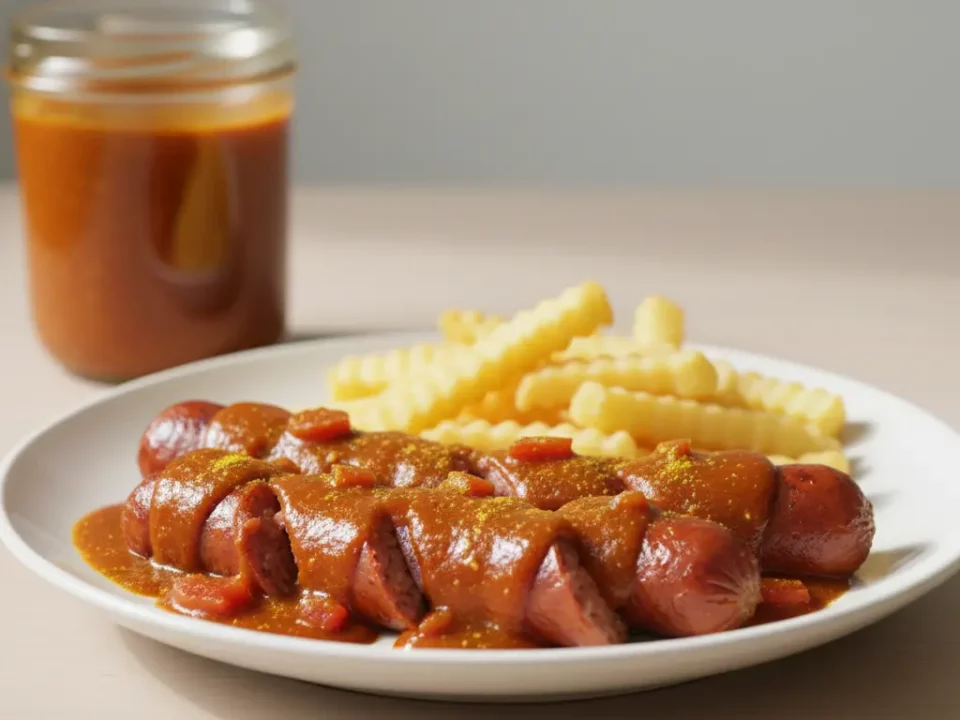 Würstchen in Soße mit Pommes auf Teller