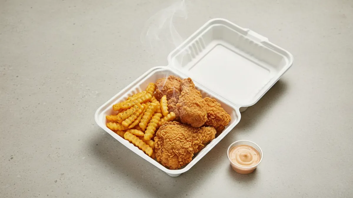 Frittiertes Hähnchen mit Pommes in Box, Soße daneben.