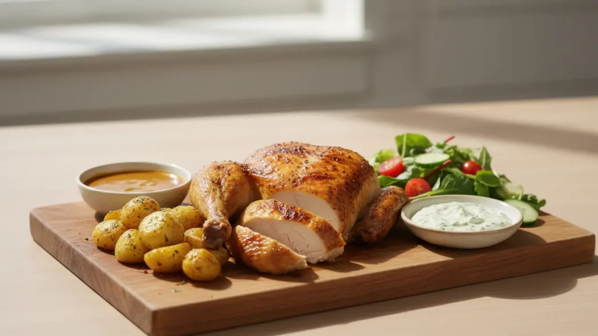 Brathähnchen mit Kartoffeln, Salat und Dip