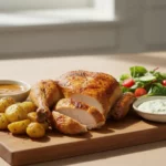 Brathähnchen mit Kartoffeln, Salat und Dip