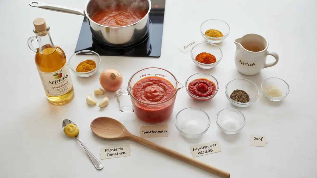 Zutaten für Tomatensoße auf weißem Tisch