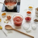 Zutaten für Tomatensoße auf weißem Tisch
