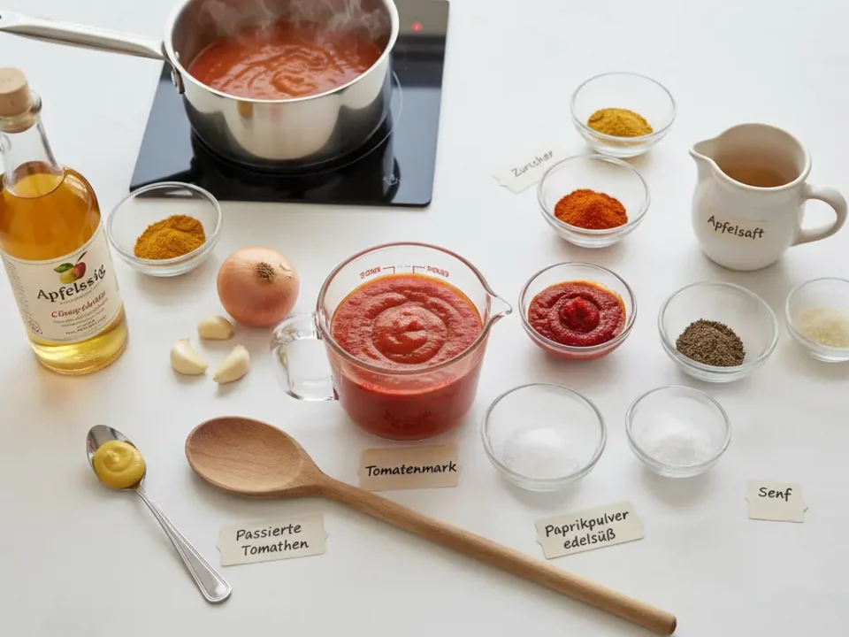 Zutaten für Tomatensoße auf weißem Tisch