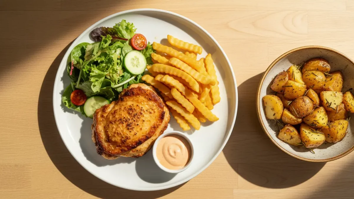 Gebratenes Hähnchen mit Pommes, Salat und Bratkartoffeln