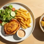 Gebratenes Hähnchen mit Pommes, Salat und Bratkartoffeln